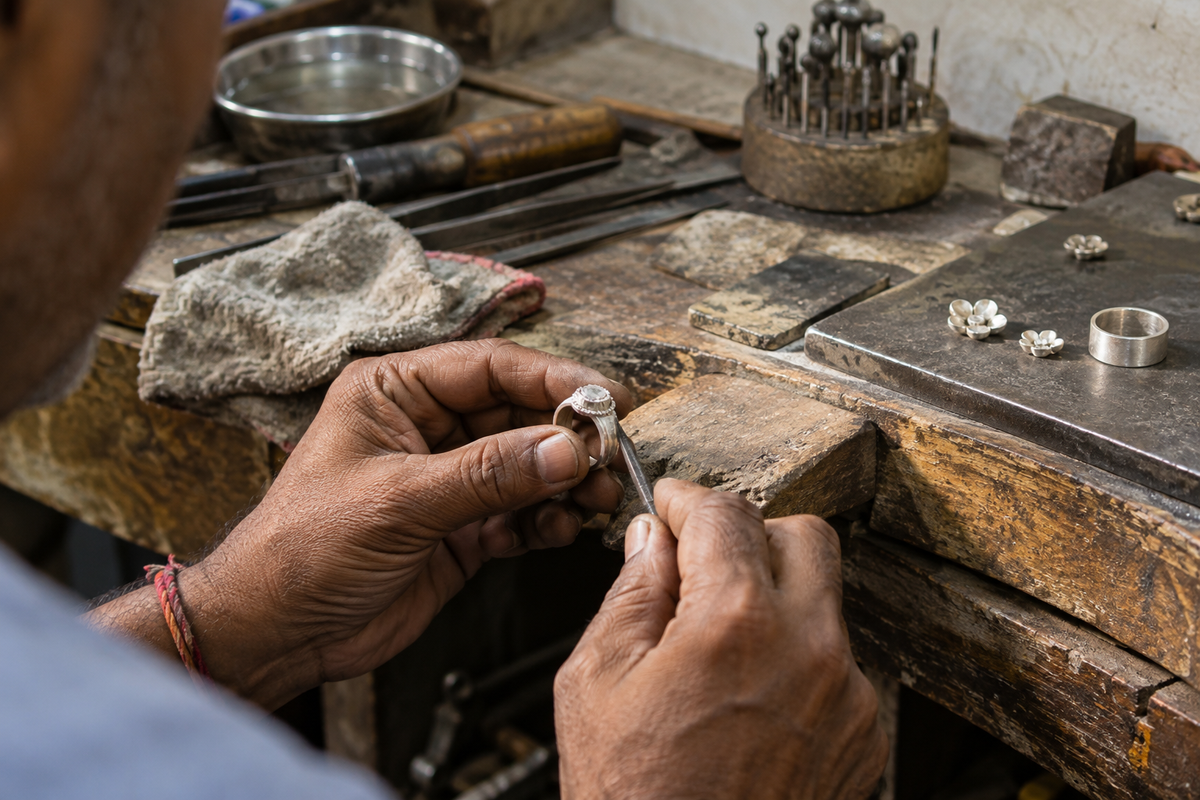 Artisan finishing a 925 sterling silver ring at a jewellery workbench