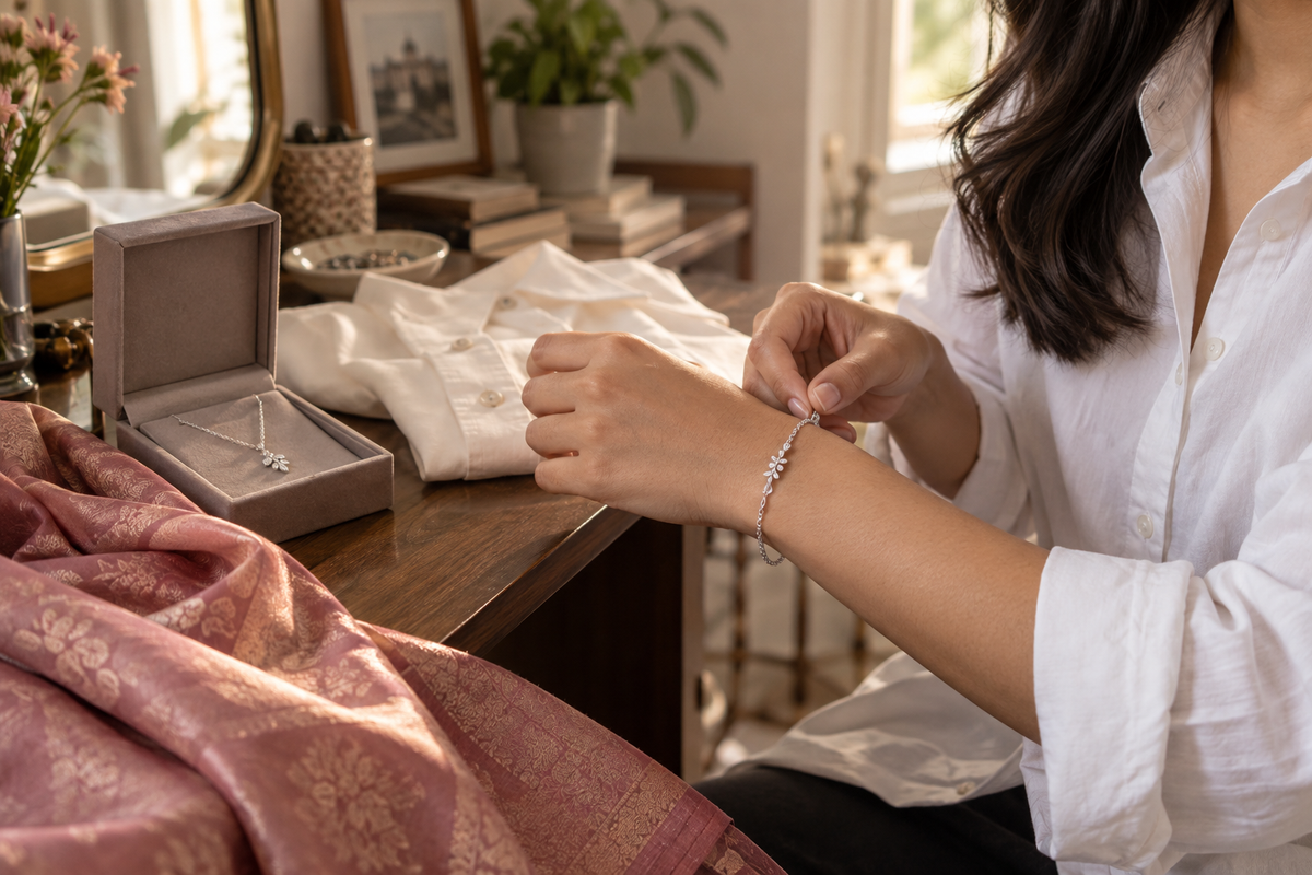 Woman fastening a delicate silver bracelet beside an open jewellery box