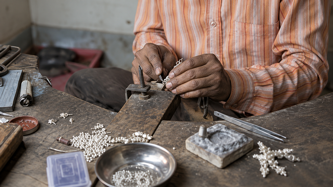Artisan working with sterling silver at an Eklavya jewellery workbench