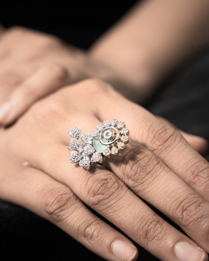 Silver Floral Halo Ring with Green Stone — 925 Sterling Silver 1-of-1 | Eklavya Silver