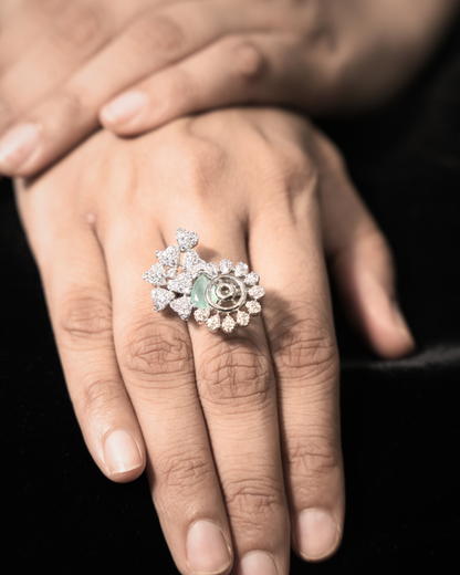 Silver Floral Halo Ring with Green Stone — 925 Sterling Silver 1-of-1 | Eklavya Silver
