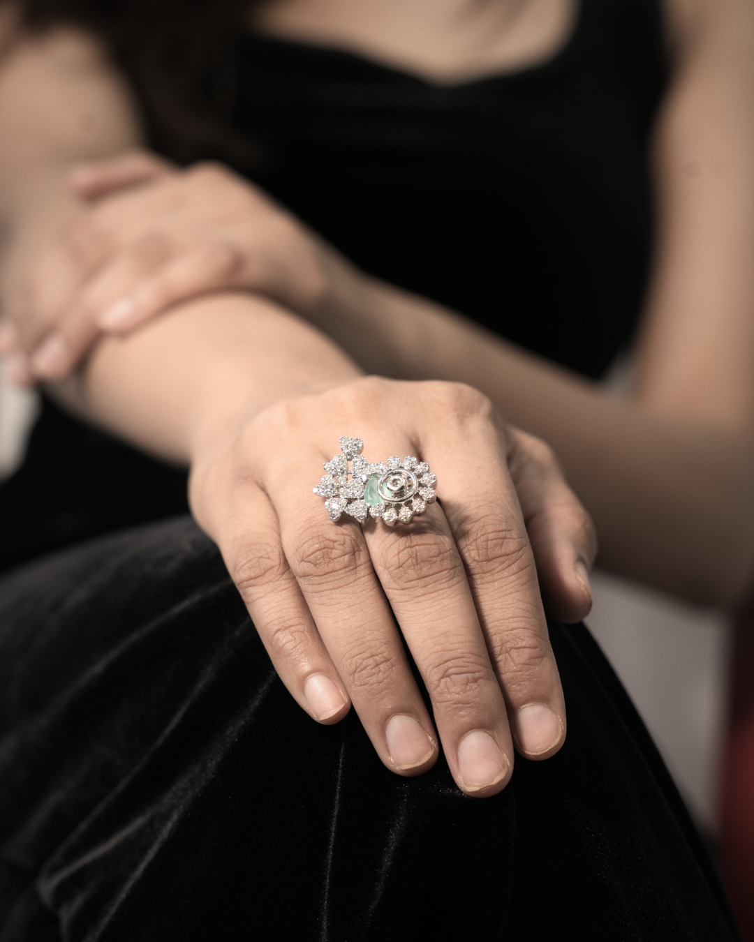 Silver Floral Halo Ring with Green Stone — 925 Sterling Silver 1-of-1 | Eklavya Silver