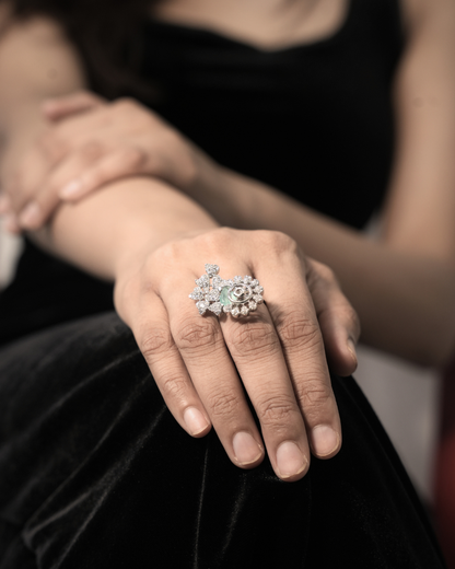 Silver Floral Halo Ring with Green Stone — 925 Sterling Silver 1-of-1 | Eklavya Silver