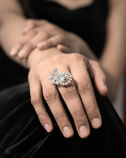 Silver Floral Halo Ring with Green Stone — 925 Sterling Silver 1-of-1 | Eklavya Silver