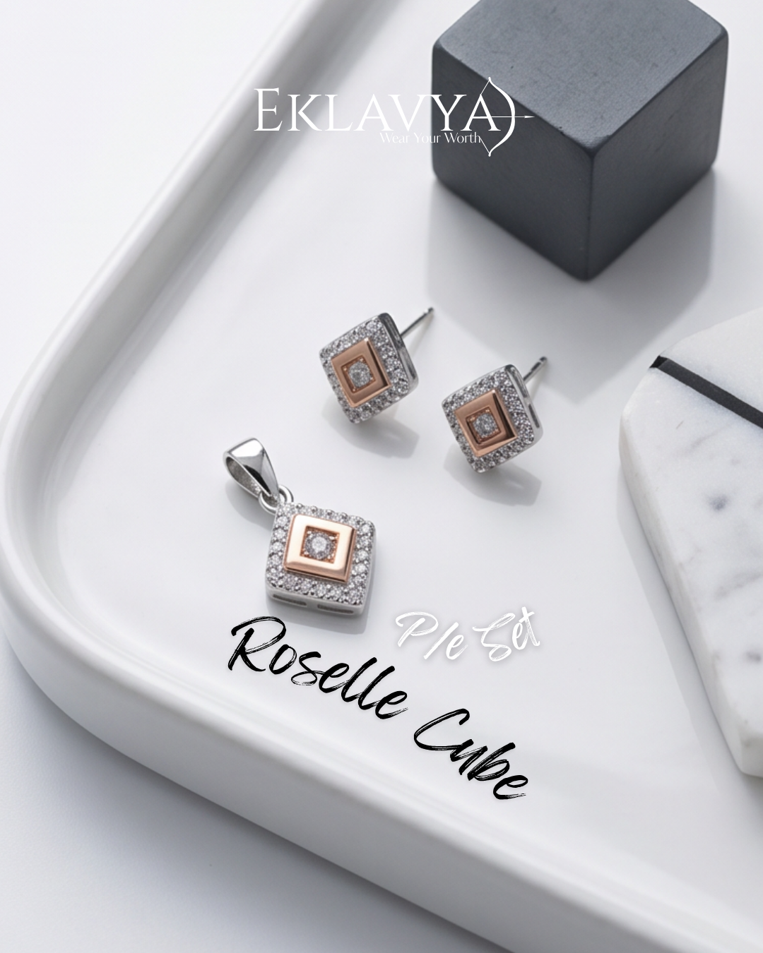 Roselle Cube Pendant & Earrings Set